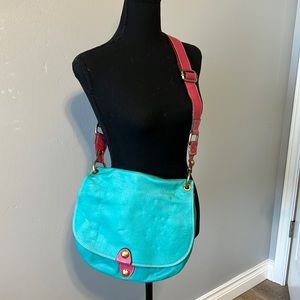 Turquoise blue and pink Italian leather Crossbody bag